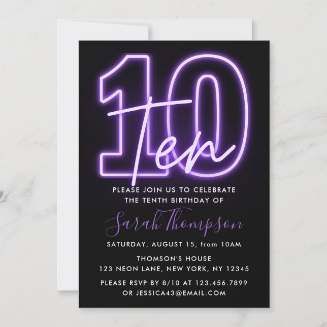 Purple Neon 10th Birthday Invitation (Front)