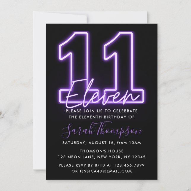 Purple Neon 11th Birthday Invitation (Front)