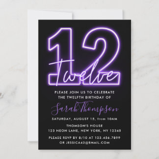 Purple Neon 12th Birthday Invitation