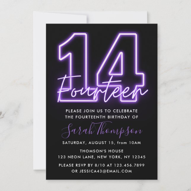 Purple Neon 14th Birthday Invitation (Front)