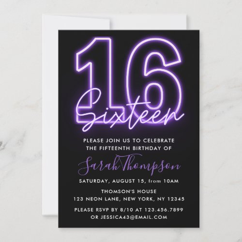 Purple Neon 16th Birthday Invitation