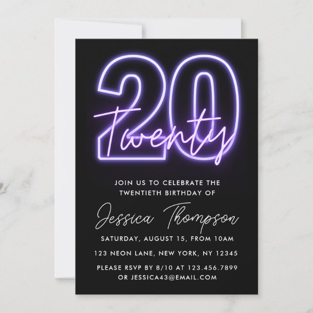 Purple Neon 20th Birthday Invitation (Front)