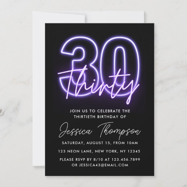 Purple Neon 30th Birthday Invitation (Front)