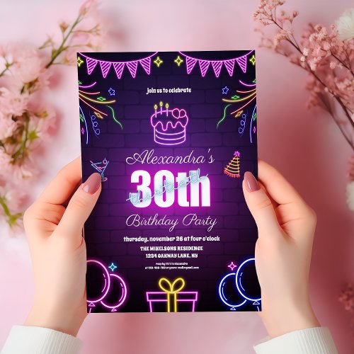  Purple Neon 30th Birthday  Invitation