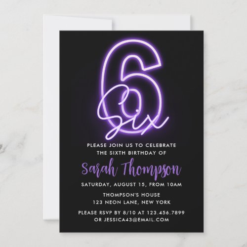 Purple Neon 6th Birthday Invitation