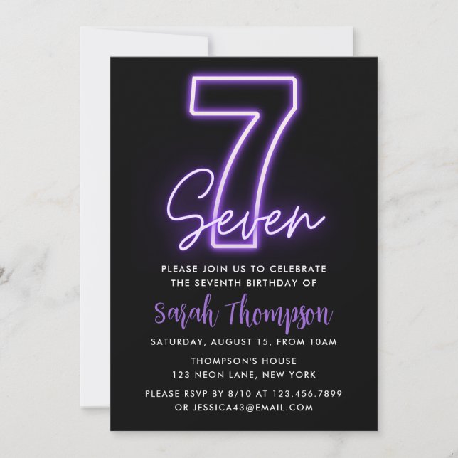 Purple Neon 7th Birthday Invitation (Front)
