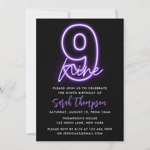 Purple Neon 9th Birthday Invitation