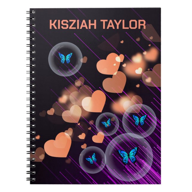 Purple Neon Butterfly Girls Heart Cute Custom Name Notebook (Front)