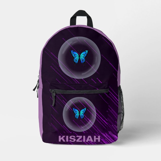 Purple Neon Butterfly kids Preppy Fun Custom Name  Printed Backpack (Front)