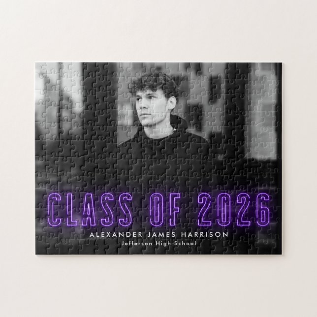 Purple Neon Class of 2026 Graduation Photo Jigsaw Puzzle (Horizontal)