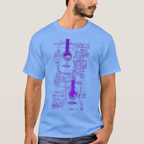 Purple Neon Da Vinci Acoustic guitar blueprint T_Shirt