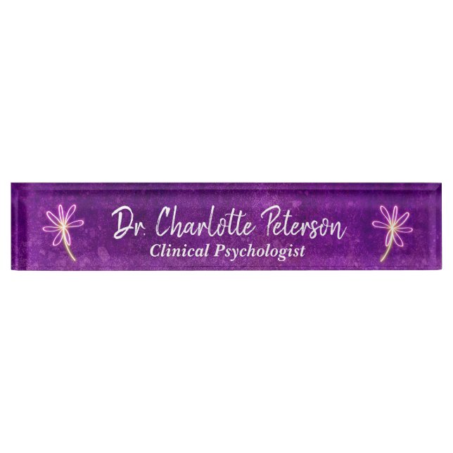 Purple Neon Daisy Floral Psychologist  Desk Name Plate (Front)
