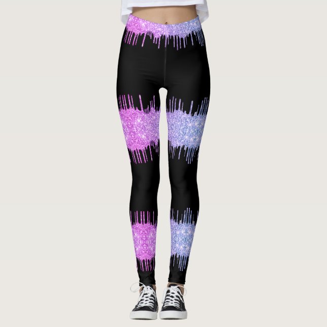 Purple Neon Glitter Drips Black Leggings (Front)