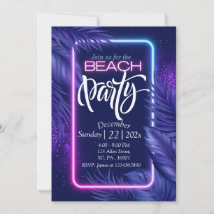 PURPLE NEON GLOW IN THE DARK BEACH PARTY INVITE