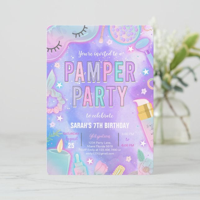 Purple Neon Glow Pamper Spa Party Birthday Invitation (Standing Front)