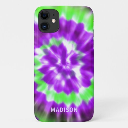 Purple Neon Green Tie Dye Pattern Custom Name iPhone 11 Case