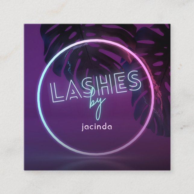 Purple Neon Lashes Business Square Business Card (Front)
