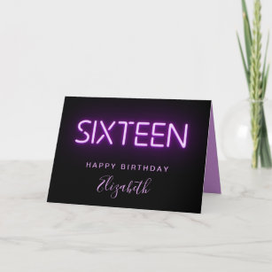 Purple Neon Lights Personalized 16th Birthday Card
