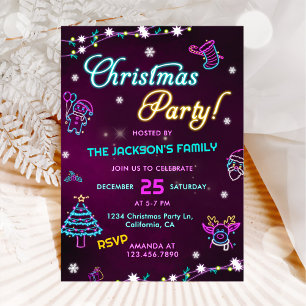 Purple Neon Modern Holiday Christmas Party Invitation