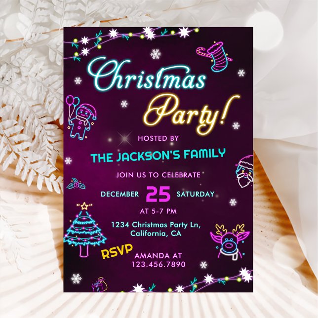 Purple Neon Modern Holiday Christmas Party Invitation (Creator Uploaded)