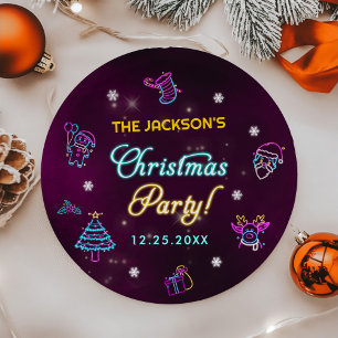 Purple Neon Modern Holiday Christmas Party Paper Plates