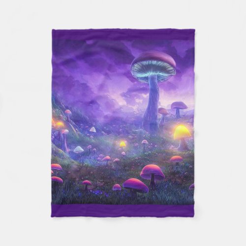 Purple Neon Mushrooms Fleece Blanket