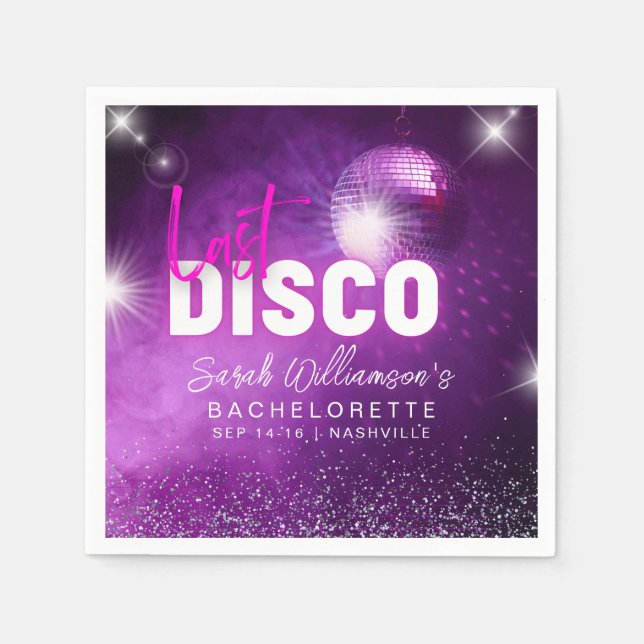 Purple Neon Pink Last Disco Bachelorette Party Napkins (Front)