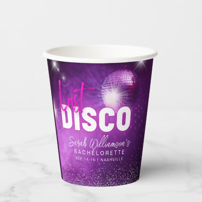 Purple Neon Pink Last Disco Bachelorette Party Paper Cups (Front)