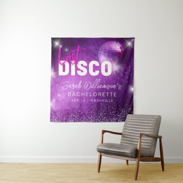 Purple Neon Pink Last Disco Bachelorette Party Tapestry (In Situ)