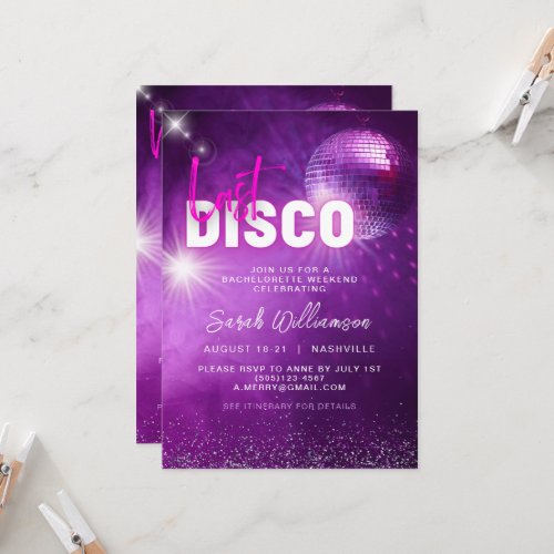 Purple Neon Pink Last Disco Bachelorette Weekend Invitation