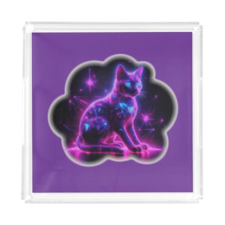 Purple Neon Siamese Cat With Blue Eyes & Starburst Acrylic Tray