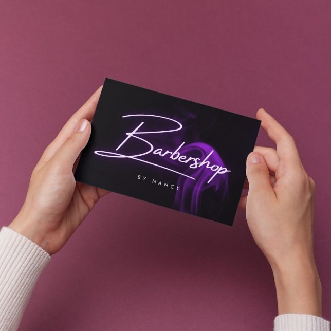 Purple Neon Smoke Barbershop Handwritten Script Business Card (Creator Uploaded)