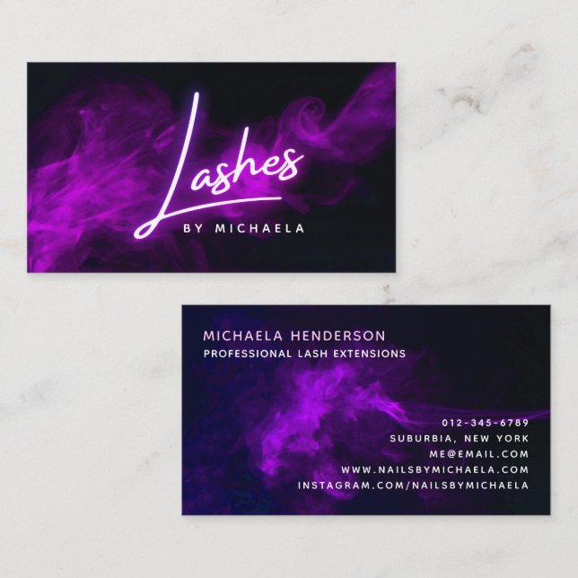 Purple Neon & Smoke Eyelash Extensions/Lashes Business Card (Front/Back)