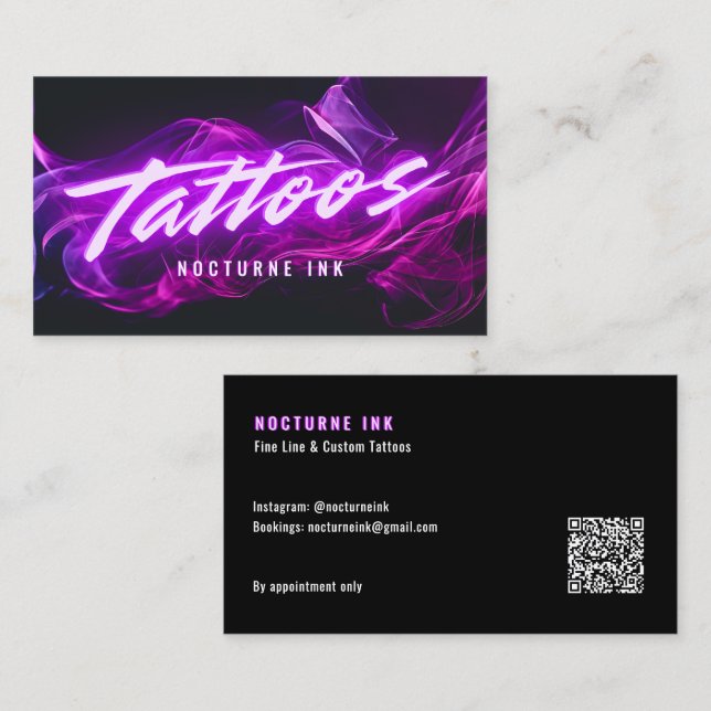Purple Neon & Smoke Tattoo Artist QR Code Business Card (Front/Back)