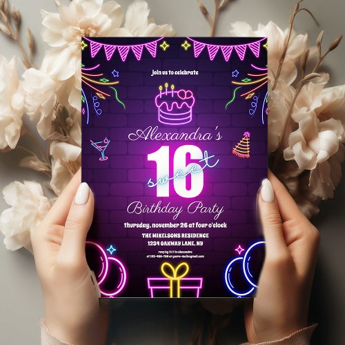  Purple Neon Sweet Sixteen Birthday Invitation