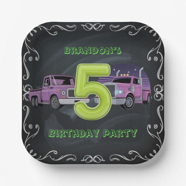 Purple Neon Trucks 5th Birthday Party Paper Plates (Front)