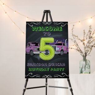 Purple Neon Trucks 5th Birthday Party Welcome Sign