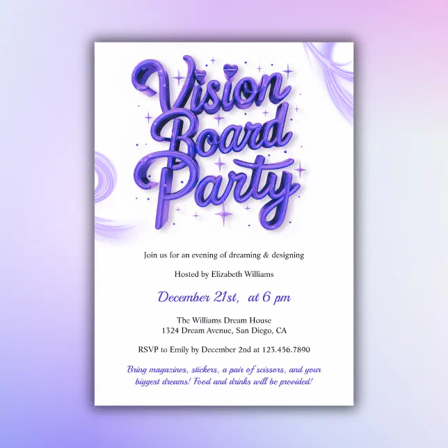 Purple Neon Vision Board Manifestation Party Invitation | Zazzle