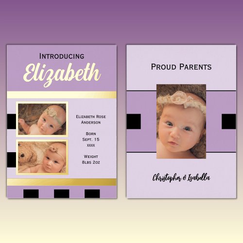 Purple new baby announcement gold foil flat card