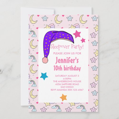 Purple Night Cap Sleepover Birthday Party Invitation