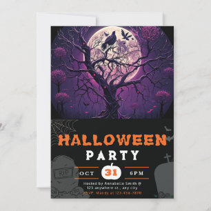 Purple Night Full Moon Black Bird Black Halloween Invitation