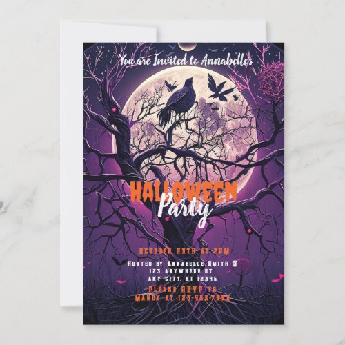 Purple Night Full Moon Creepy Tree Halloween Party Invitation