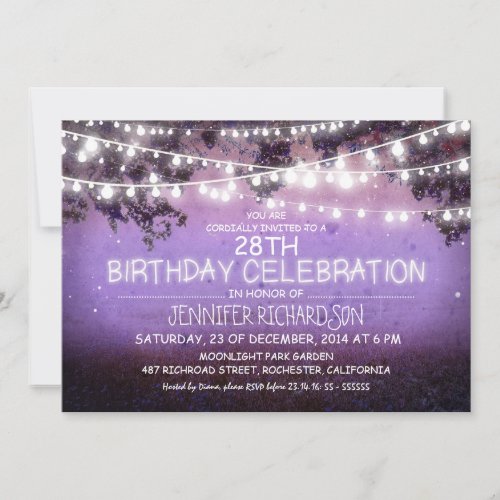 purple night &amp; garden lights birthday invitations