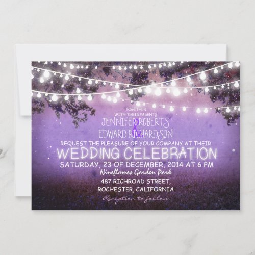 purple night  garden lights rustic wedding invitation