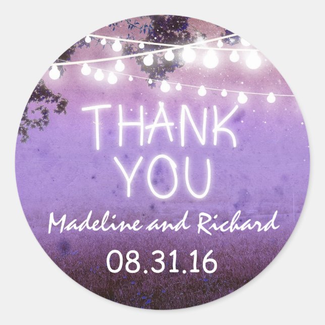 purple night lights thank you wedding stickers (Front)