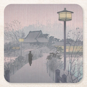 Purple Night Rain Shinobazu Village Feudal Japan Square Paper Coaster