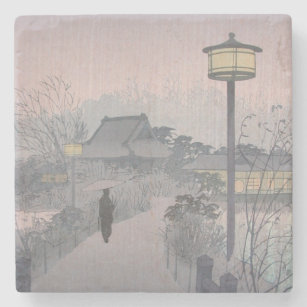 Purple Night Rain Shinobazu Village Feudal Japan Stone Coaster