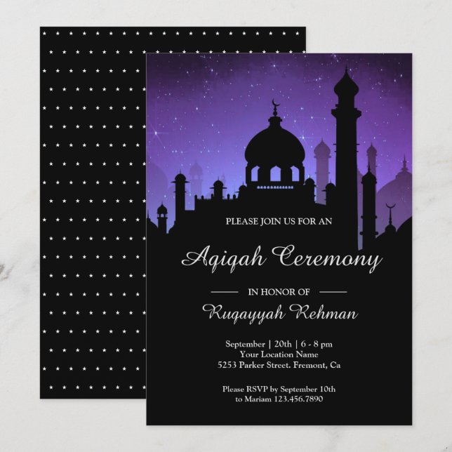 Purple Night Sky Arabian Nights Aqiqah Invitation (Front/Back)