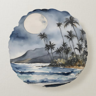 Purple Night Sky Moon Tropical Beach Palm Trees Round Pillow