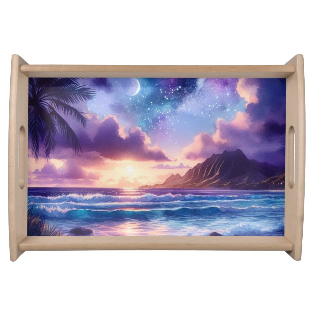 Purple Night Sky Moon Tropical Beach Serving Tray (Front)